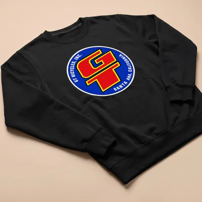 Vintage BMX T-shirt featuring GT Bicycles logo in blue, red, yellow, and white — printed on a unisex sweatshirt
