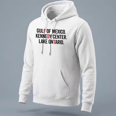 Bold text design featuring Gulf of Mexico, Kennedy Center, and Lake Ontario — printed on a unisex hoodie