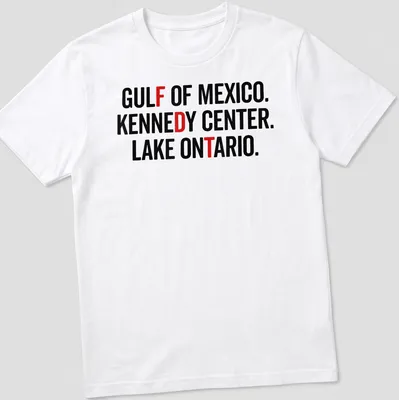 Bold text design featuring Gulf of Mexico, Kennedy Center, and Lake Ontario — printed on a unisex t-shirt
