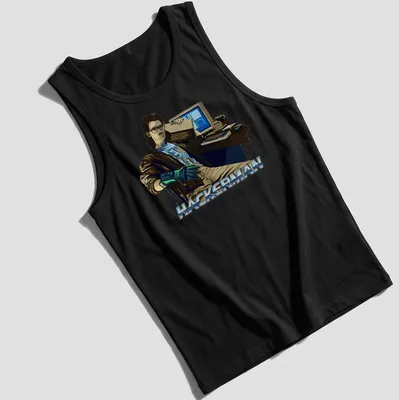 Retro Hacker Power Glove t-shirt featuring HACKERMAN text and illustration — printed on a tank top