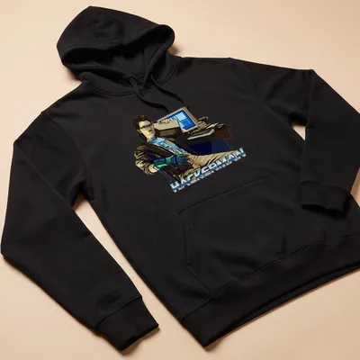 Retro Hacker Power Glove t-shirt featuring HACKERMAN text and illustration — printed on a unisex hoodie