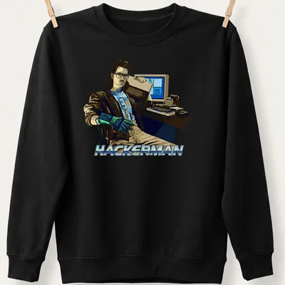 Retro Hacker Power Glove t-shirt featuring HACKERMAN text and illustration — printed on a unisex sweatshirt