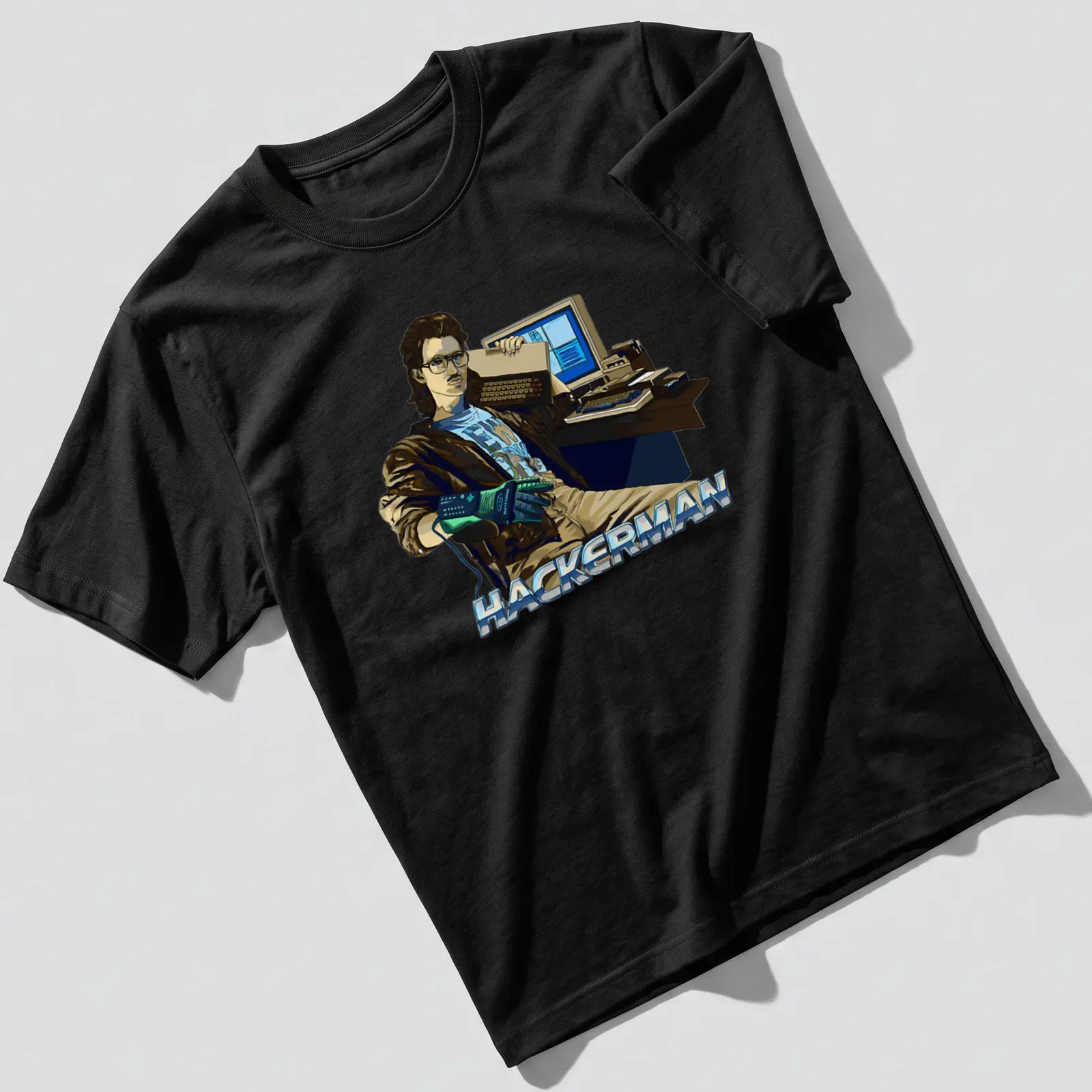 Retro Hacker Power Glove t-shirt featuring HACKERMAN text and illustration — printed on a unisex t-shirt