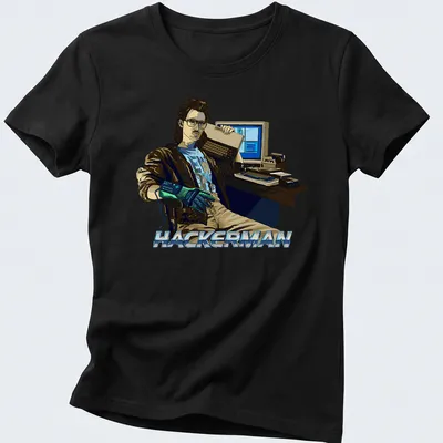 Retro Hacker Power Glove t-shirt featuring HACKERMAN text and illustration — printed on a women's shirt