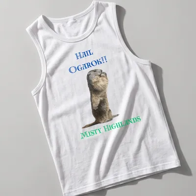 Realistic print of a marmot in the misty highlands with detailed colors — printed on a tank top
