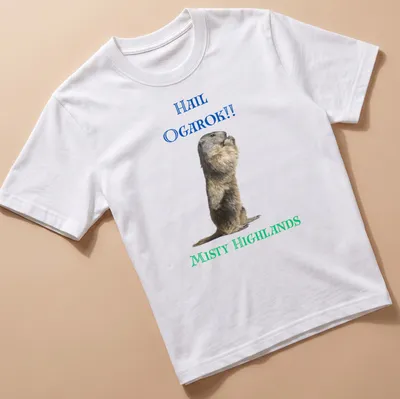 Realistic print of a marmot in the misty highlands with detailed colors