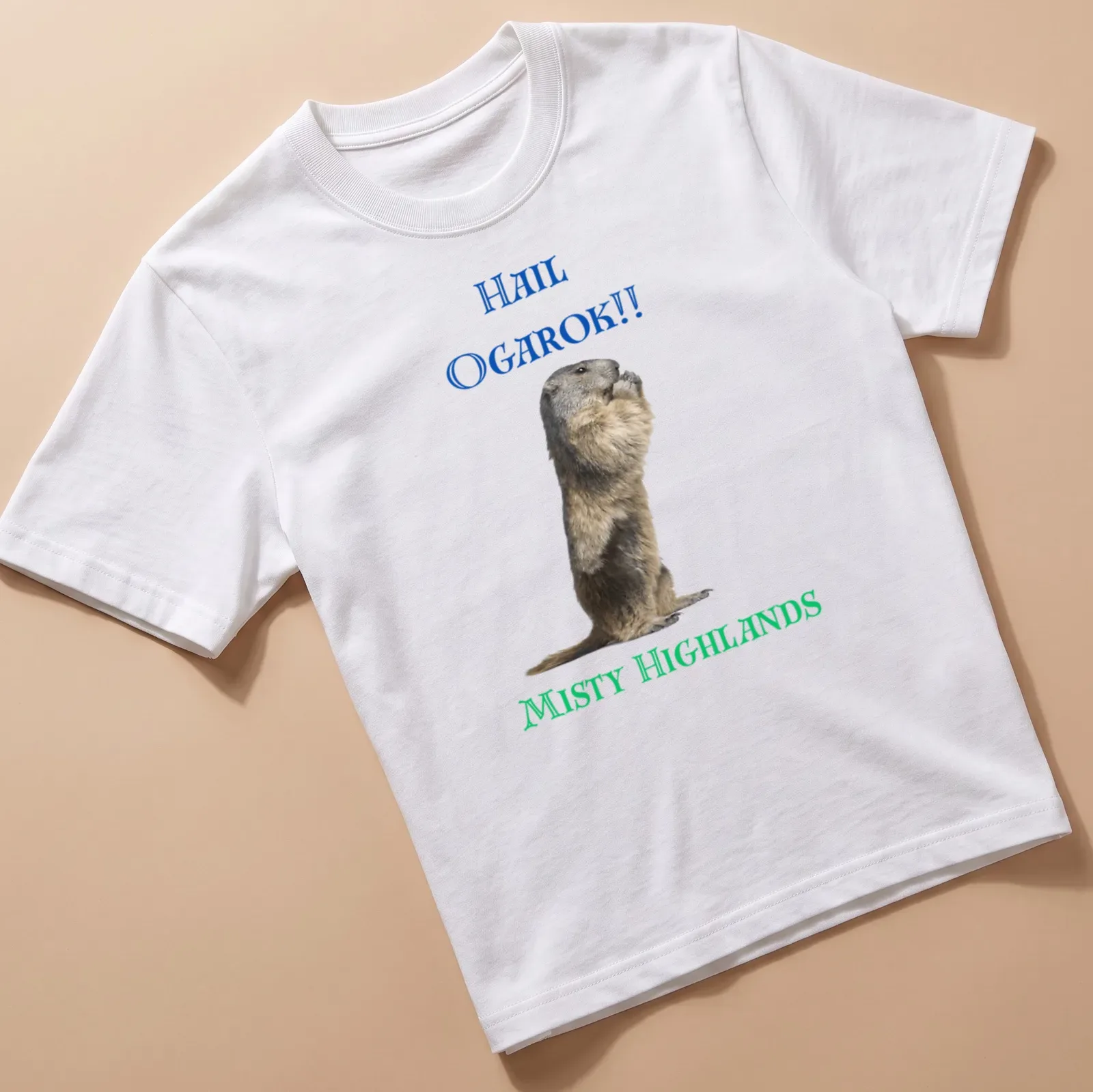 Realistic print of a marmot in the misty highlands with detailed colors — printed on a unisex t-shirt
