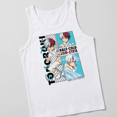 Anime T-shirt featuring Todoroki with 'HALF-COLD -HOT-' text in red, white, and blue — printed on a tank top
