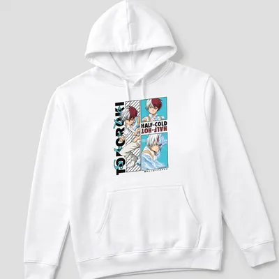Anime T-shirt featuring Todoroki with 'HALF-COLD -HOT-' text in red, white, and blue — printed on a unisex hoodie