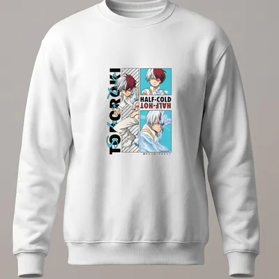 Anime T-shirt featuring Todoroki with 'HALF-COLD -HOT-' text in red, white, and blue — printed on a unisex sweatshirt