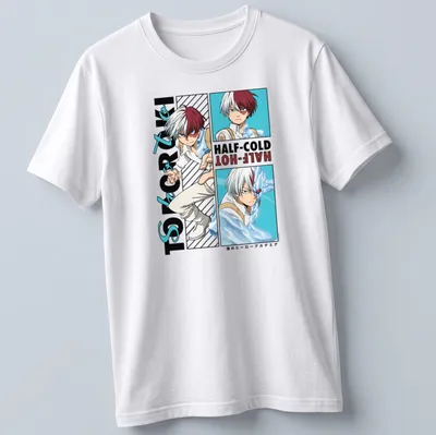 Anime T-shirt featuring Todoroki with 'HALF-COLD -HOT-' text in red, white, and blue