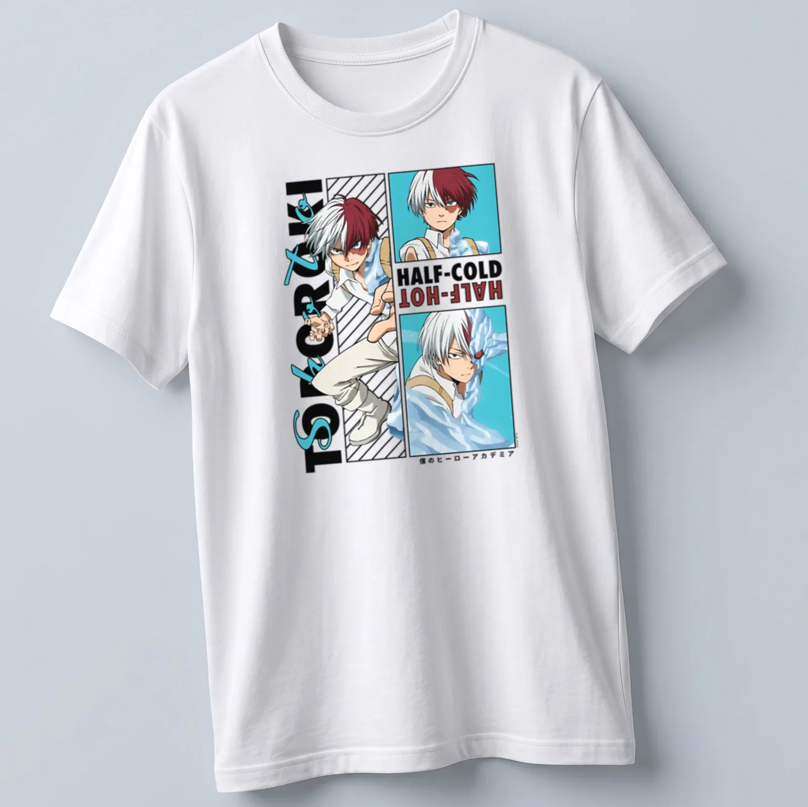 Anime T-shirt featuring Todoroki with 'HALF-COLD -HOT-' text in red, white, and blue — printed on a unisex t-shirt