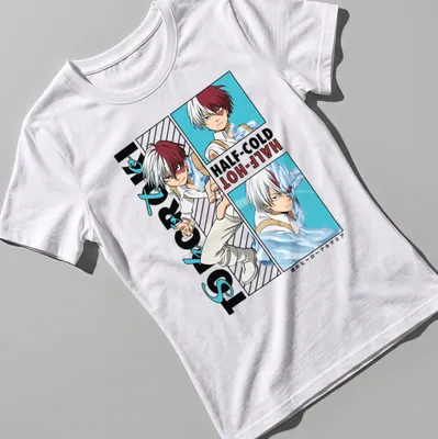 Anime T-shirt featuring Todoroki with 'HALF-COLD -HOT-' text in red, white, and blue — printed on a women's shirt