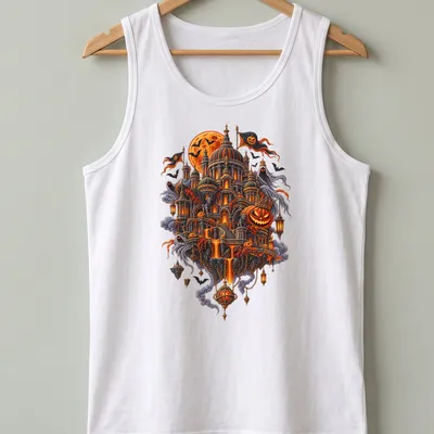 Gothic fantasy Halloween t-shirt with a floating haunted castle design — printed on a tank top