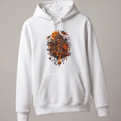 Gothic fantasy Halloween t-shirt with a floating haunted castle design — printed on a unisex hoodie