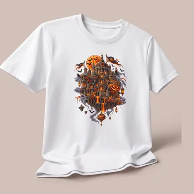 Gothic fantasy Halloween t-shirt with a floating haunted castle design — printed on a unisex t-shirt (angled view)