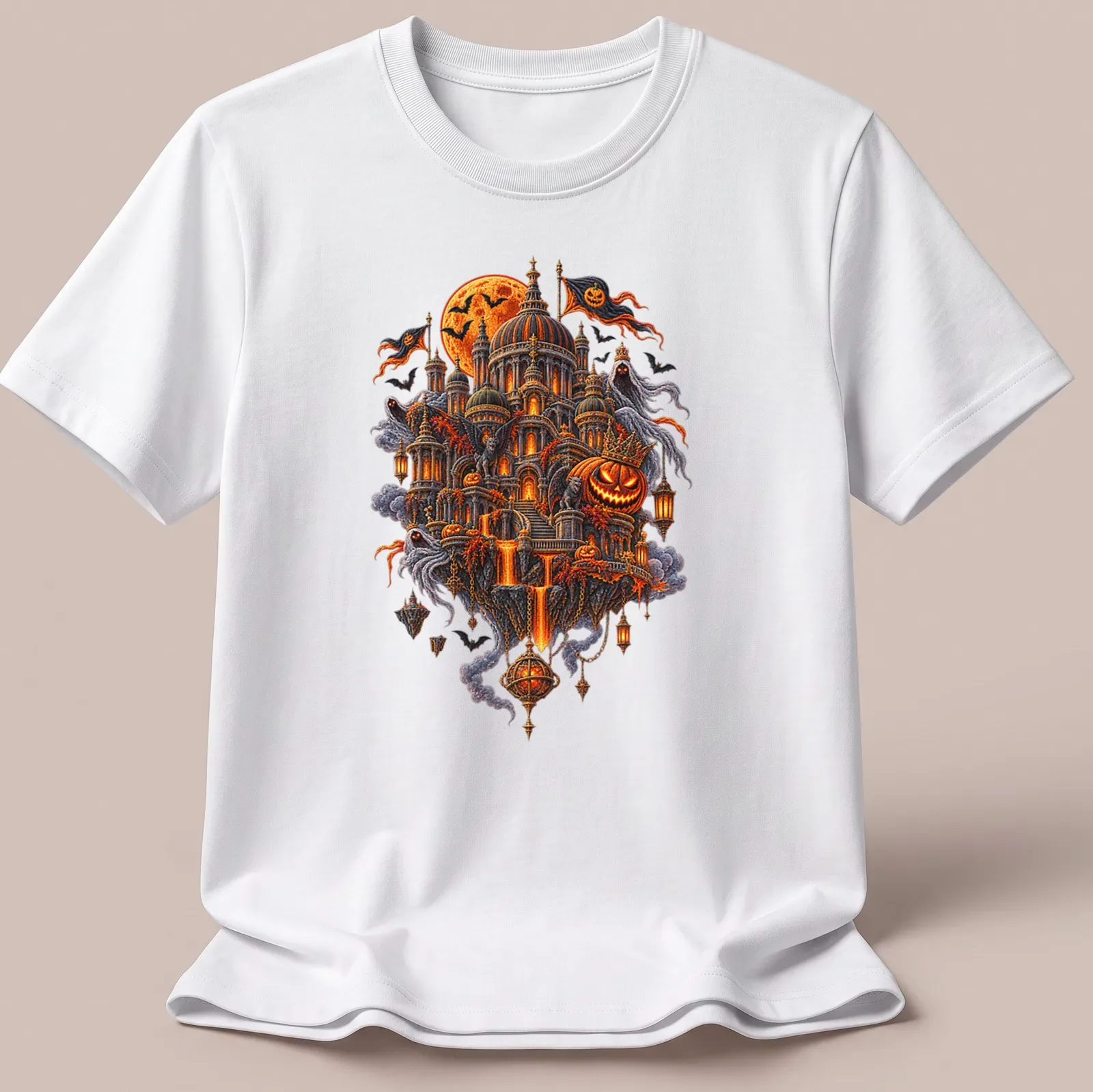 Gothic fantasy Halloween t-shirt with a floating haunted castle design — printed on a unisex t-shirt