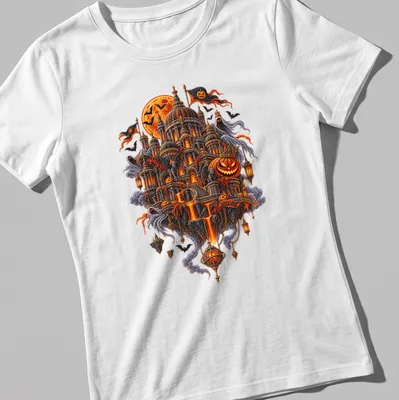 Gothic fantasy Halloween t-shirt with a floating haunted castle design — printed on a women's shirt