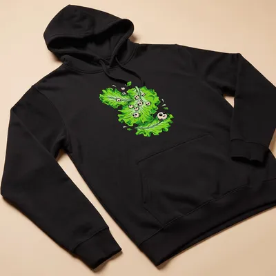 Kawaii style T-shirt featuring cartoon lettuce with funny parasites for Halloween. — printed on a unisex hoodie