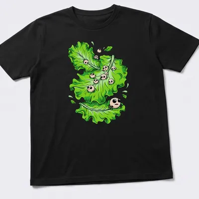 Kawaii style T-shirt featuring cartoon lettuce with funny parasites for Halloween. — printed on a unisex t-shirt