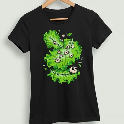 Kawaii style T-shirt featuring cartoon lettuce with funny parasites for Halloween. — printed on a women's shirt