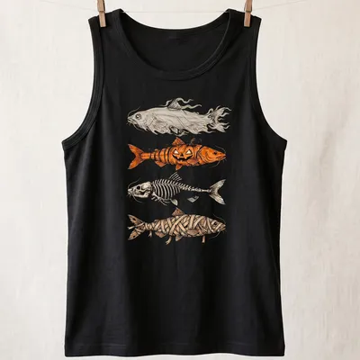 Illustrative Halloween design with a trout fish in a pumpkin and mummy theme — printed on a tank top