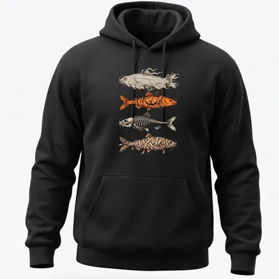 Illustrative Halloween design with a trout fish in a pumpkin and mummy theme — printed on a unisex hoodie