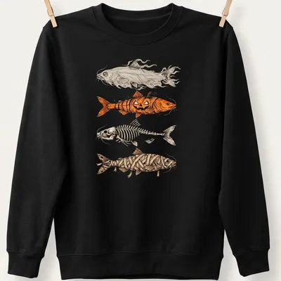 Illustrative Halloween design with a trout fish in a pumpkin and mummy theme — printed on a unisex sweatshirt