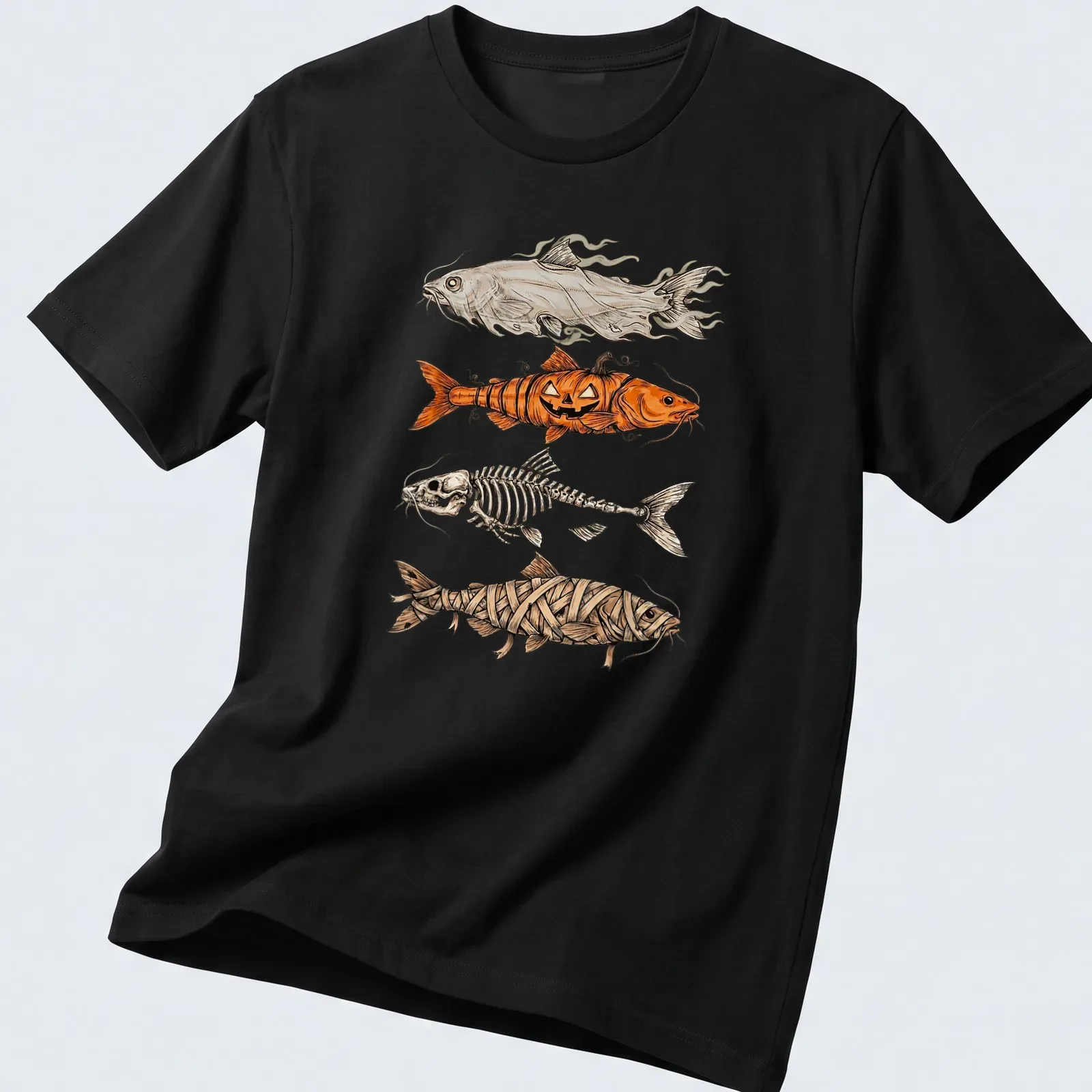 Illustrative Halloween design with a trout fish in a pumpkin and mummy theme — printed on a unisex t-shirt