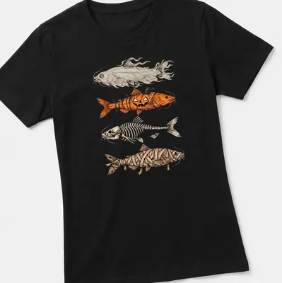 Illustrative Halloween design with a trout fish in a pumpkin and mummy theme — printed on a women's shirt