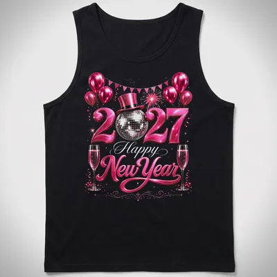 Glittery disco ball design featuring 'Happy New Year 2027' text in pink, silver, and black — printed on a tank top