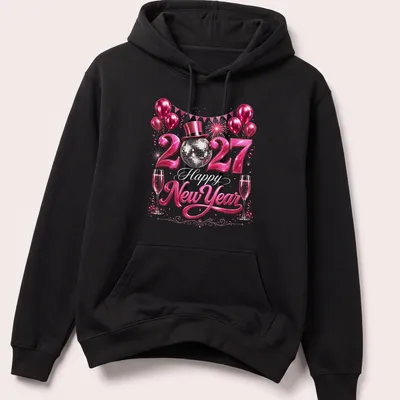 Glittery disco ball design featuring 'Happy New Year 2027' text in pink, silver, and black — printed on a unisex hoodie