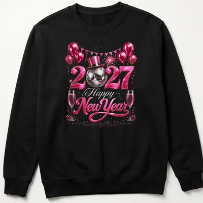 Glittery disco ball design featuring 'Happy New Year 2027' text in pink, silver, and black — printed on a unisex sweatshirt