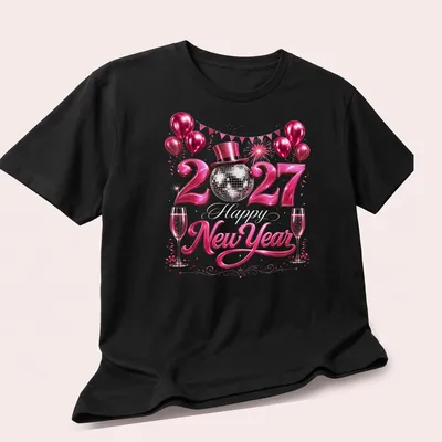 Glittery disco ball design featuring 'Happy New Year 2027' text in pink, silver, and black — printed on a unisex t-shirt (angled view)
