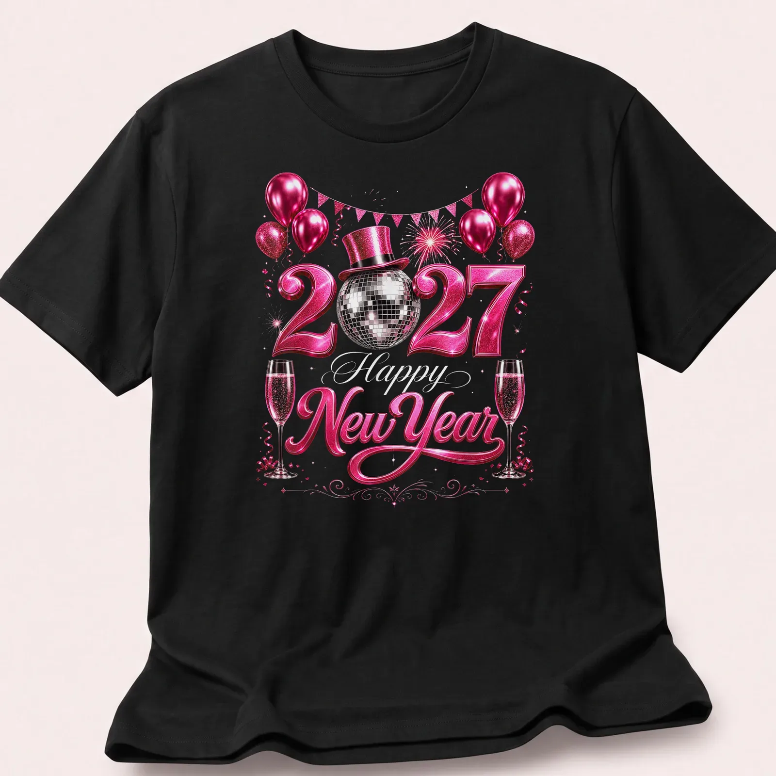 Glittery disco ball design featuring 'Happy New Year 2027' text in pink, silver, and black — printed on a unisex t-shirt