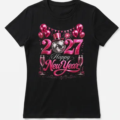 Glittery disco ball design featuring 'Happy New Year 2027' text in pink, silver, and black — printed on a women's shirt
