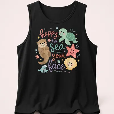 Kawaii design featuring ocean animals and the text 'happy to sea your face' — printed on a tank top