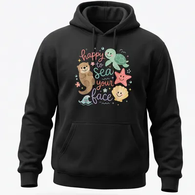 Kawaii design featuring ocean animals and the text 'happy to sea your face' — printed on a unisex hoodie