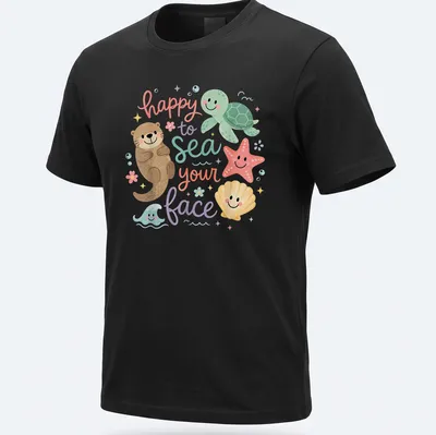 Kawaii design featuring ocean animals and the text 'happy to sea your face'