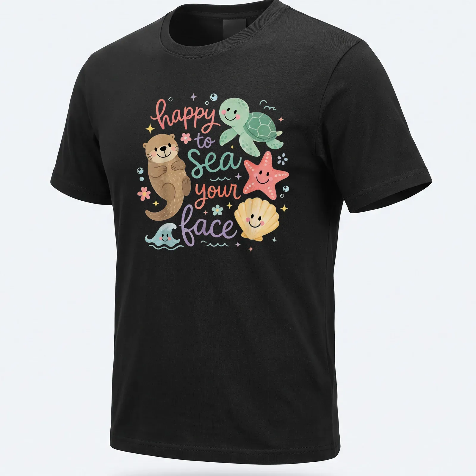 Kawaii design featuring ocean animals and the text 'happy to sea your face' — printed on a unisex t-shirt