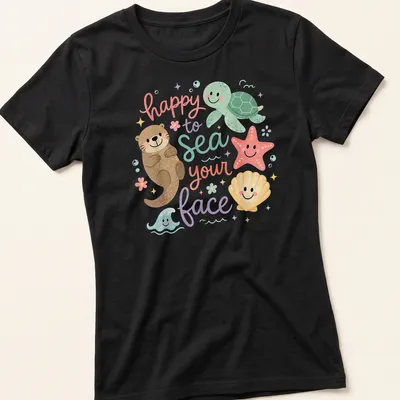 Kawaii design featuring ocean animals and the text 'happy to sea your face' — printed on a women's shirt