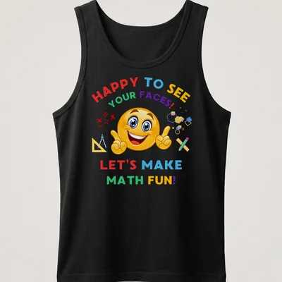 Colorful cartoon graphic with smiling emoji and math elements — printed on a tank top