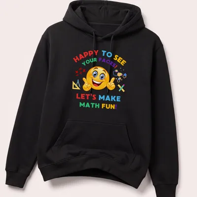 Colorful cartoon graphic with smiling emoji and math elements — printed on a unisex hoodie