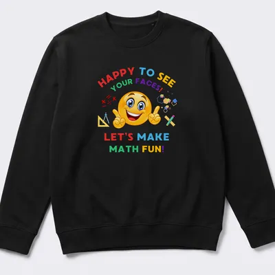 Colorful cartoon graphic with smiling emoji and math elements — printed on a unisex sweatshirt