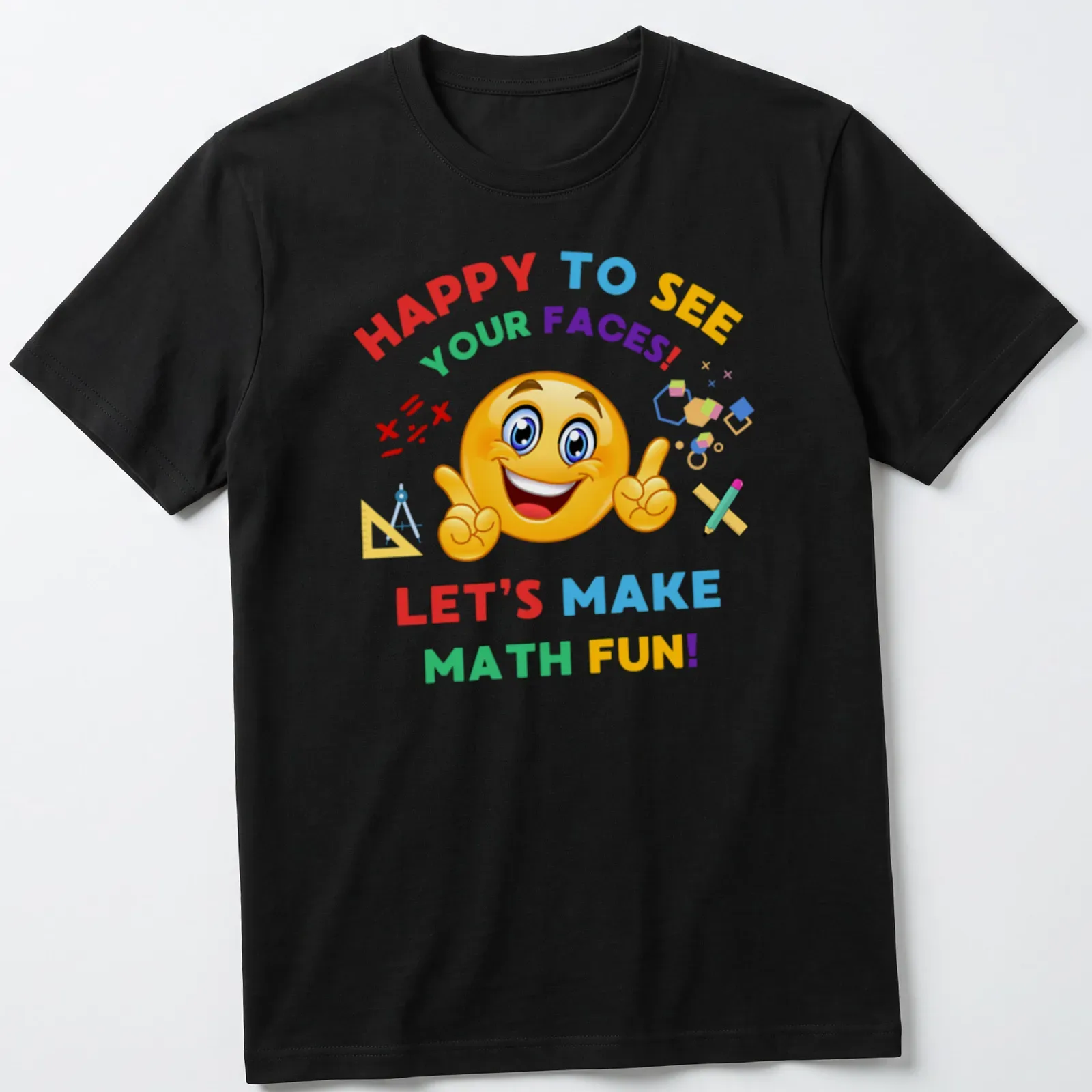 Colorful cartoon graphic with smiling emoji and math elements — printed on a unisex t-shirt