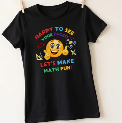 Colorful cartoon graphic with smiling emoji and math elements — printed on a women's shirt