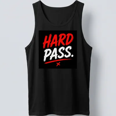 Bold red and black quote t-shirt with the phrase HARD PASS in brush lettering — printed on a tank top