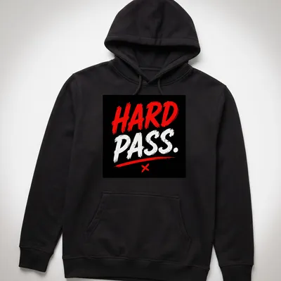 Bold red and black quote t-shirt with the phrase HARD PASS in brush lettering — printed on a unisex hoodie