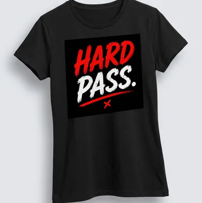 Bold red and black quote t-shirt with the phrase HARD PASS in brush lettering — printed on a women's shirt