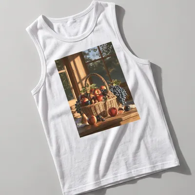 Realistic oil painting of a colorful fruit basket with the text Harvest Fruit Basket — printed on a tank top